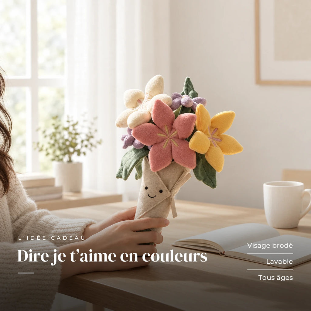 Peluche bouquet de fleurs multicolores kawaii tenue en main. Dire je t’aime en couleurs : visage brodé, lavable, tous âges
