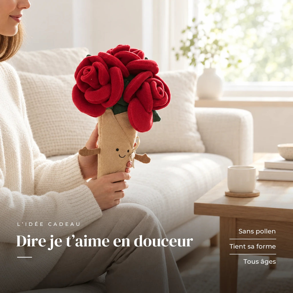 Peluche bouquet de roses rouges kawaii dans les bras d’un adulte. Dire je t’aime en douceur : sans pollen, tient sa forme, tous âges