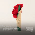 Peluche bouquet de roses rouges kawaii sur fond crème, en studio. Des roses qui durent : pétales en velours, ni eau ni épine, 35 cm