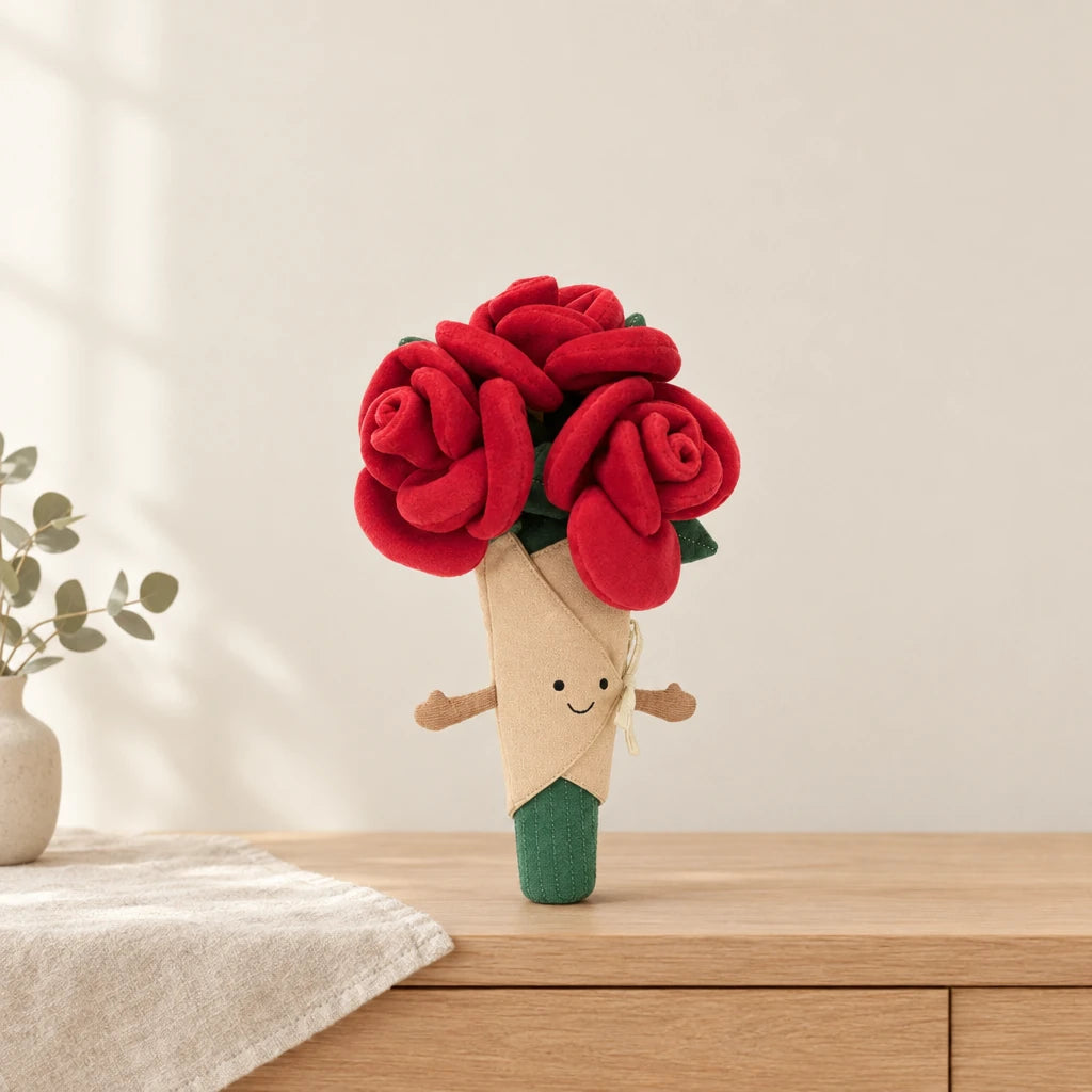 Peluche bouquet de roses rouges kawaii posée sur une console en bois clair