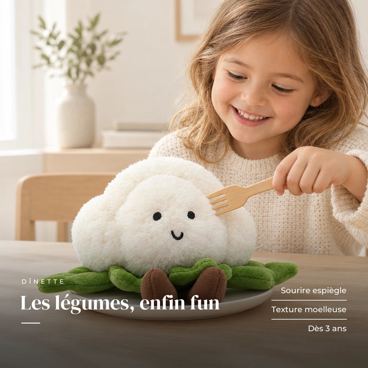 Peluche légume kawaii chou-fleur craquant dans une assiette sur une table en bois. Les légumes, enfin fun : sourire espiègle, texture moelleuse, dès 3 ans