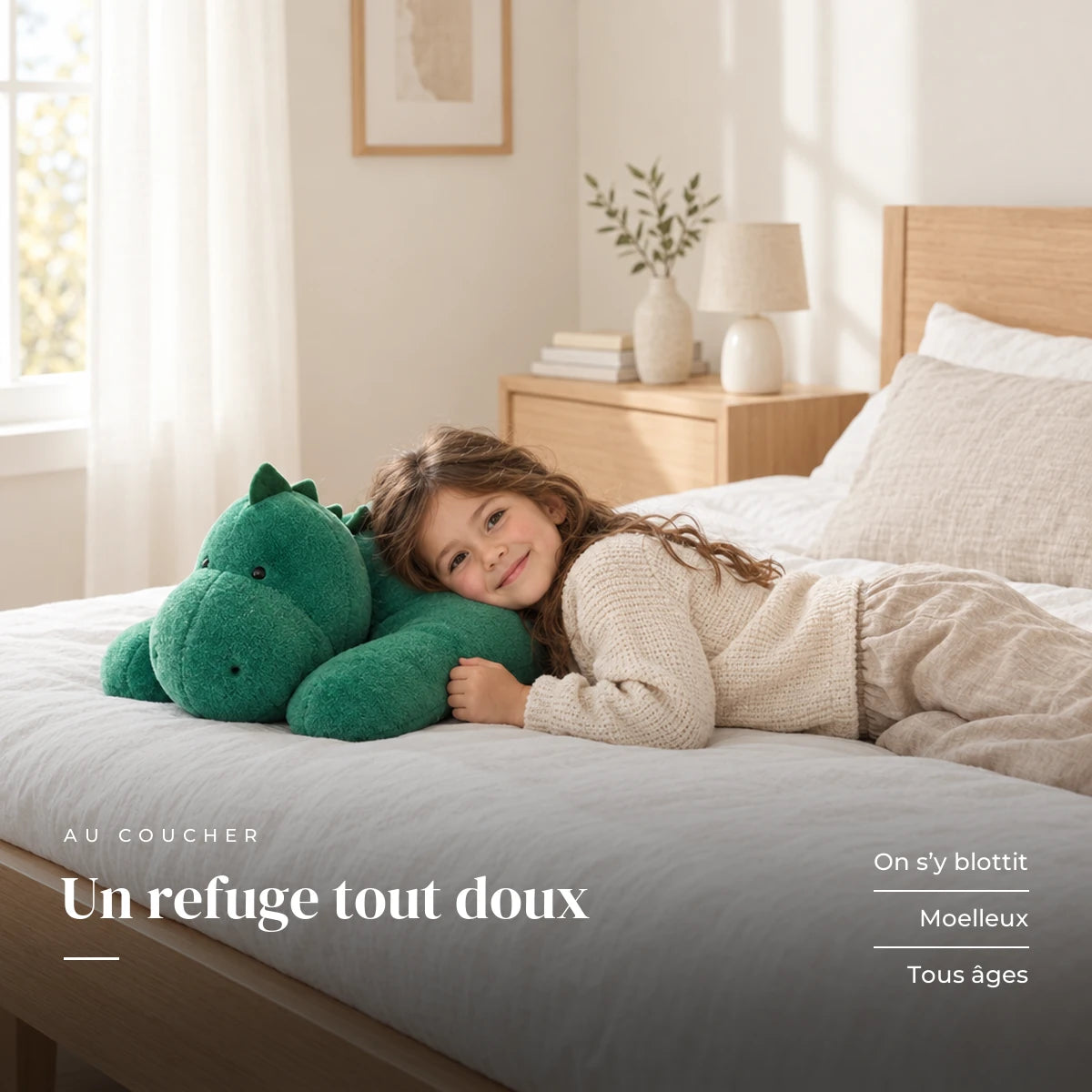 Peluche dinosaure géant relax avec un enfant dans une chambre lumineuse. Un refuge tout doux : on s’y blottit, moelleux, tous âges