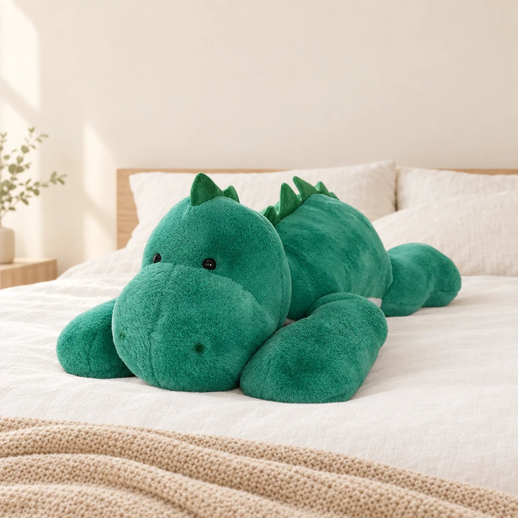 Peluche dinosaure géant relax posée sur un lit en lin blanc