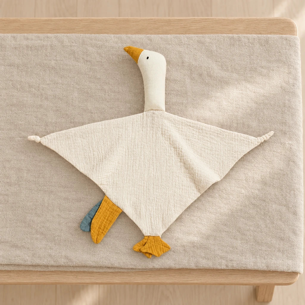Peluche doudou oie pour bébé en coton blanche présentée à plat sur du lin crème