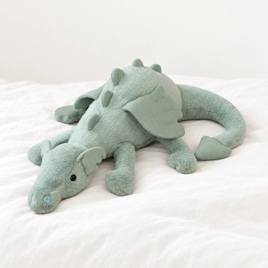 Dragon en peluche aux couleurs pastel vert posé sur un lit blanc, en pleine lumière