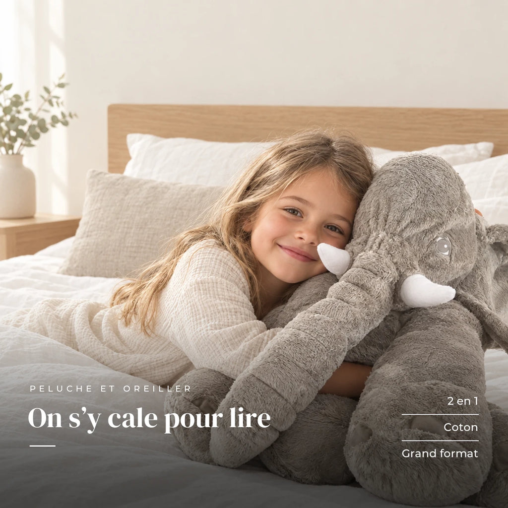 Peluche éléphant oreiller grise avec un enfant dans une chambre lumineuse. On s’y cale pour lire : 2 en 1, coton, grand format