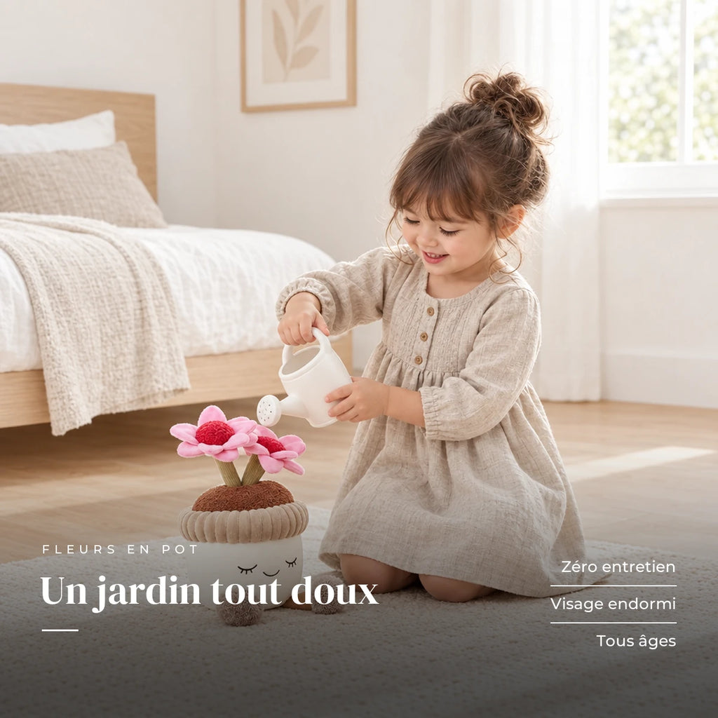 Peluche kawaii fleurs en pot de terre avec un enfant dans une chambre lumineuse. Un jardin tout doux : zéro entretien, visage endormi, tous âges