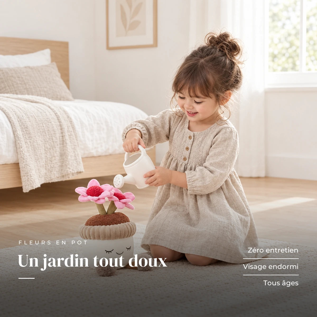 Peluche kawaii fleurs en pot de terre avec un enfant dans une chambre lumineuse. Un jardin tout doux : zéro entretien, visage endormi, tous âges