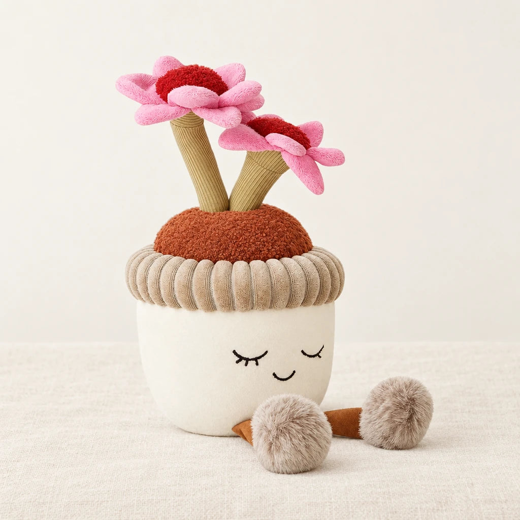 Peluche kawaii fleurs en pot de terre sur fond crème, en studio