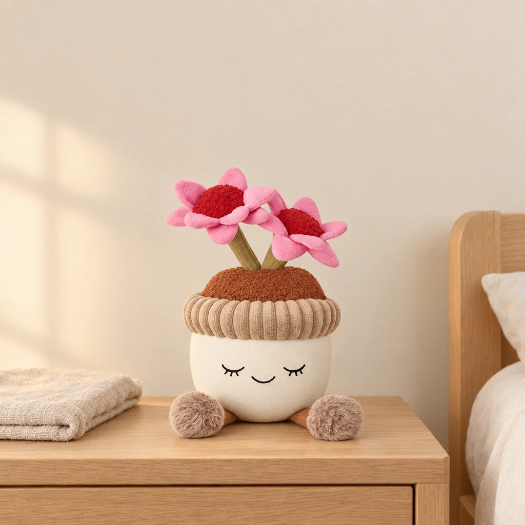Peluche kawaii fleurs en pot de terre modèle marguerites roses posée sur une table de chevet en bois clair