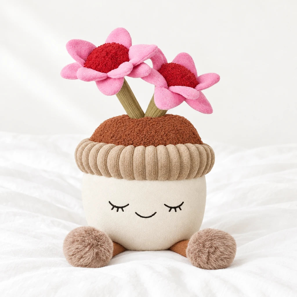 Peluche kawaii fleurs en pot de terre posée sur un lit blanc, en pleine lumière
