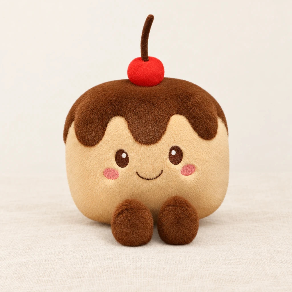 Peluche kawaii gâteau gourmand modèle chocolat sur fond crème, en studio