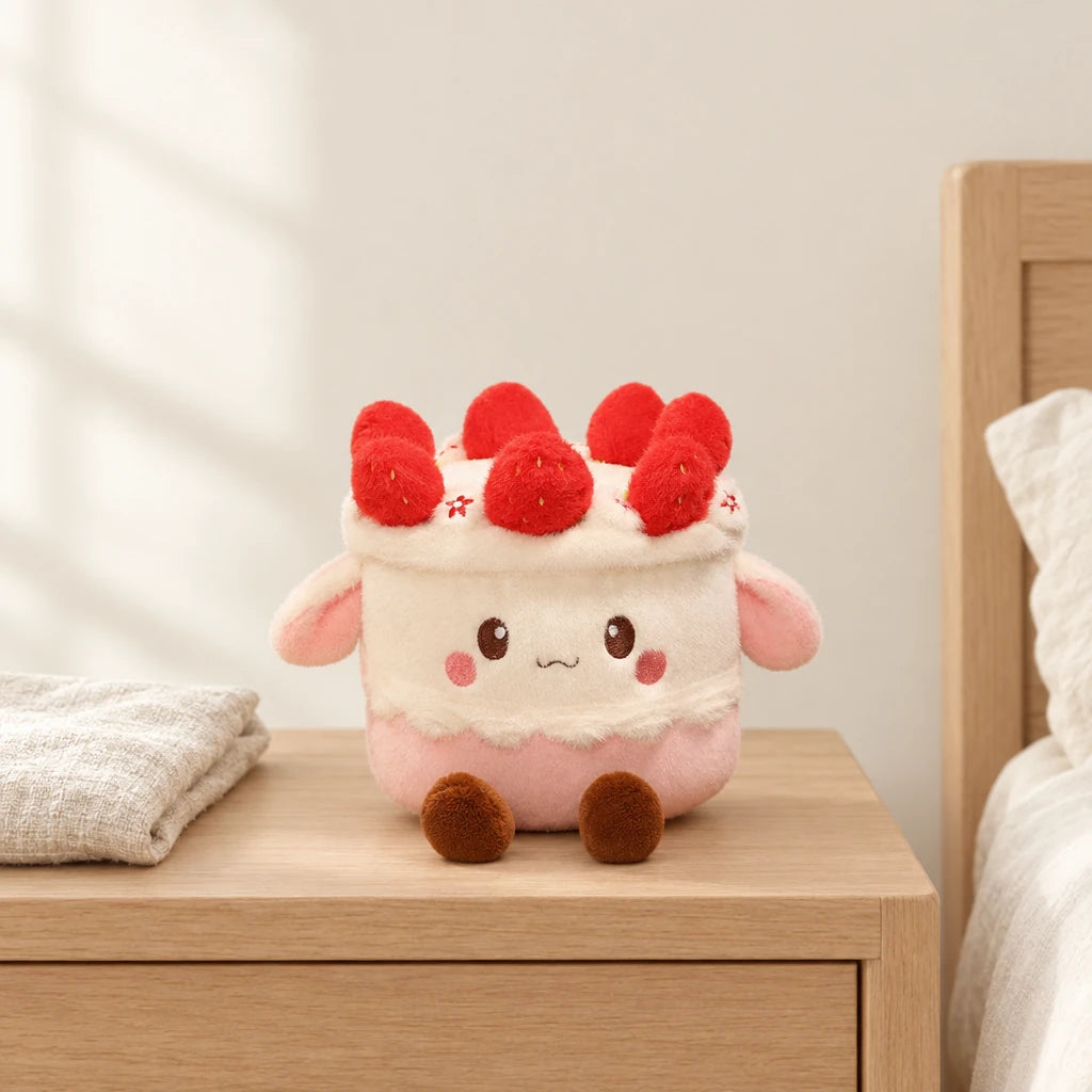 Peluche kawaii gâteau gourmand modèle framboise posée sur une table de chevet en bois clair
