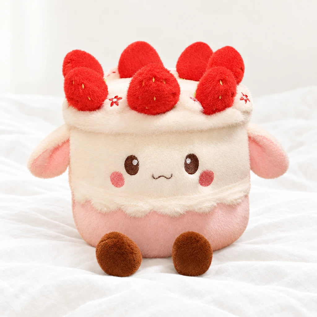 Peluche kawaii gâteau gourmand posée sur un lit blanc, en pleine lumière
