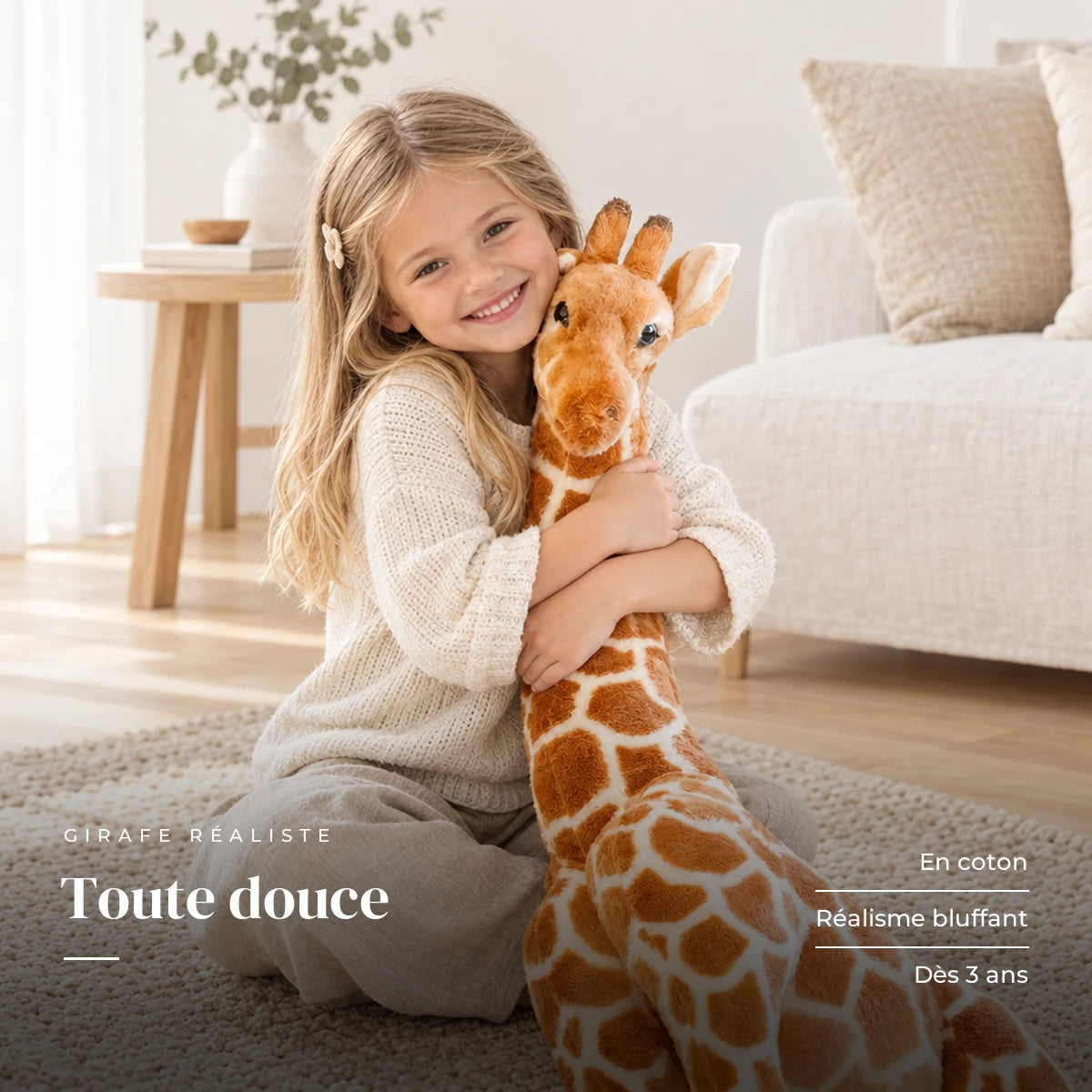 Peluche géante girafe avec un enfant dans une chambre lumineuse. Toute douce : en coton, réalisme bluffant, dès 3 ans