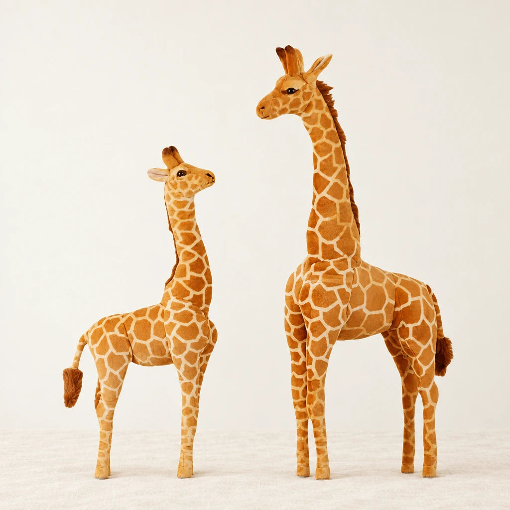 Peluche géante girafe sur fond crème, en studio