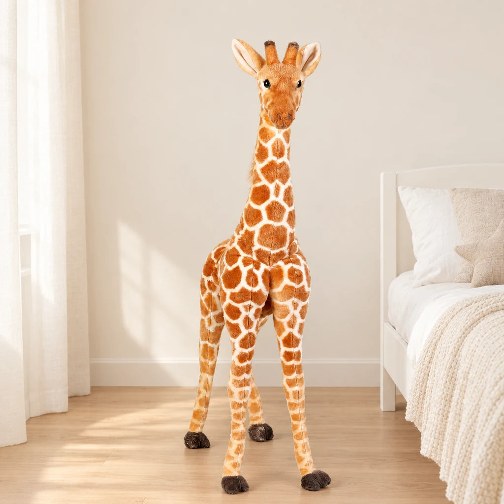 Peluche géante girafe posée sur un lit en lin blanc