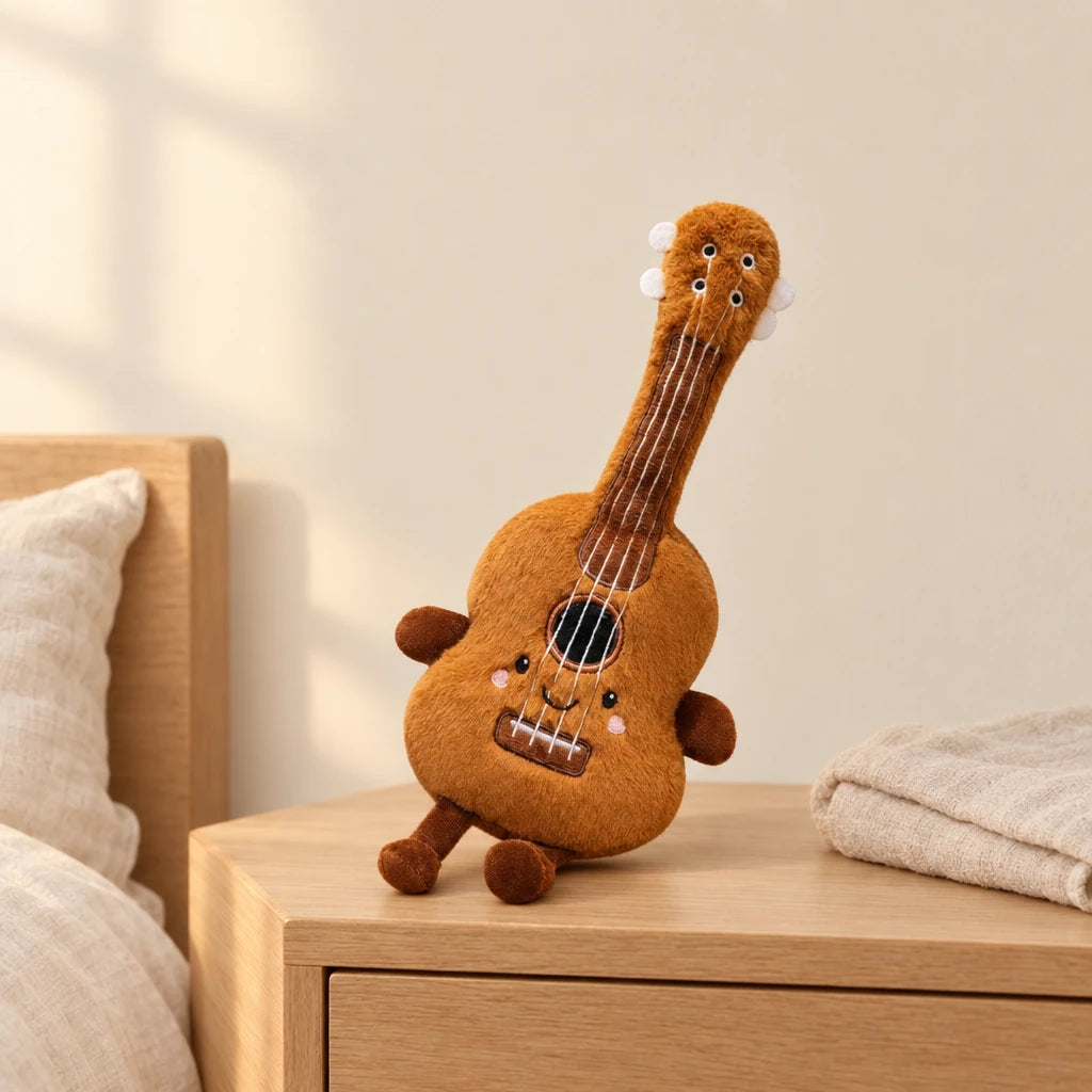 Peluche instrument kawaii guitare souriante posée sur une table de chevet en bois clair