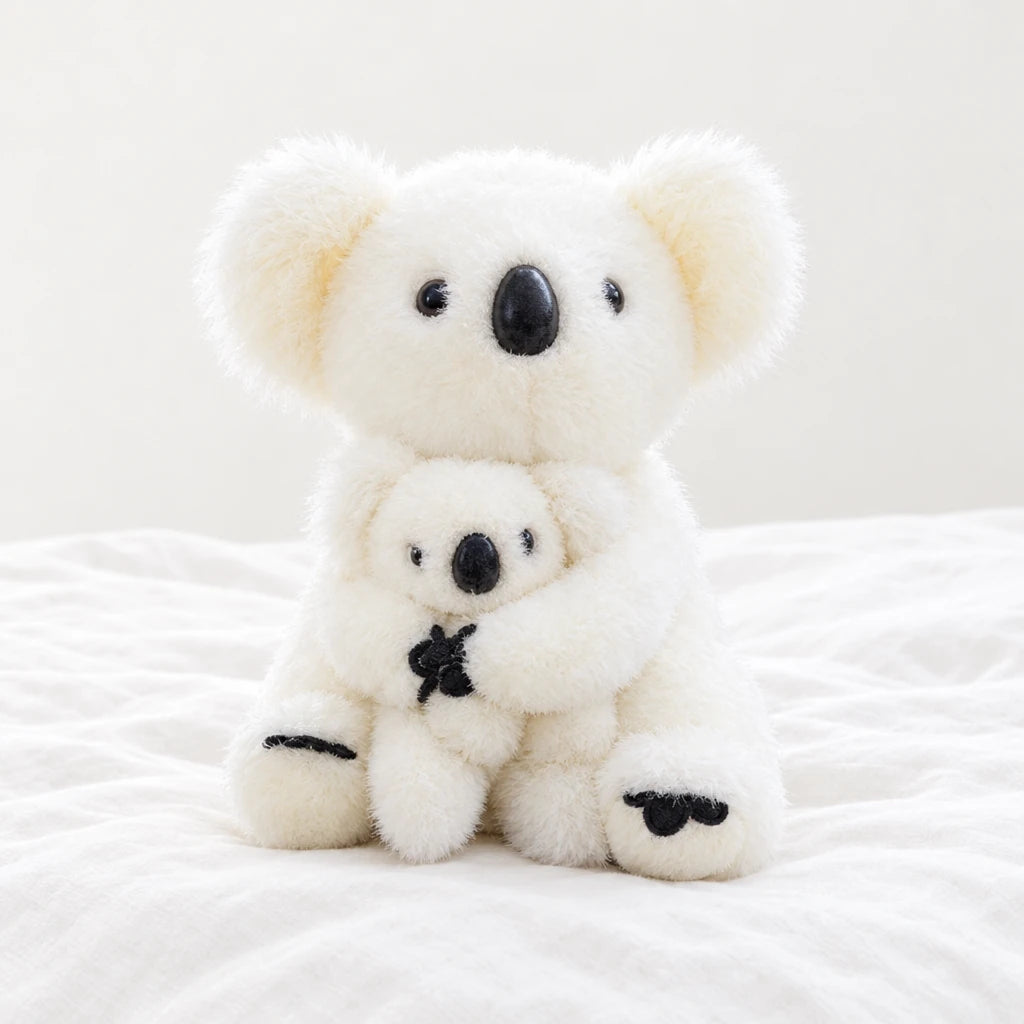 Peluche koala avec son bébé blanche avec bébé posée sur un lit blanc, en pleine lumière