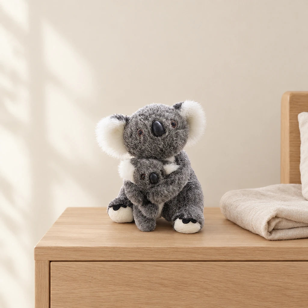 Peluche koala avec son bébé grise avec bébé posée sur une table de chevet en bois clair