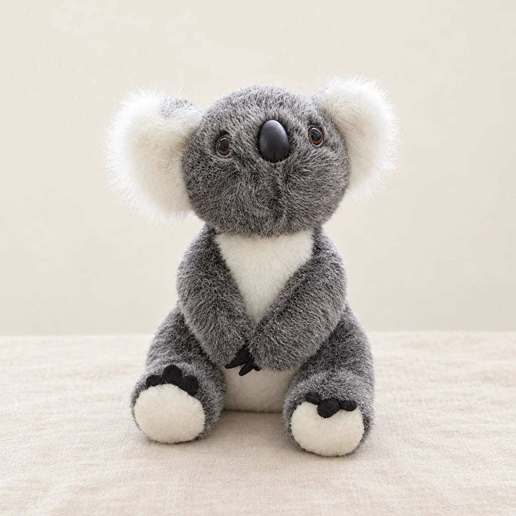 Peluche koala avec son bébé grise sur fond crème, en studio