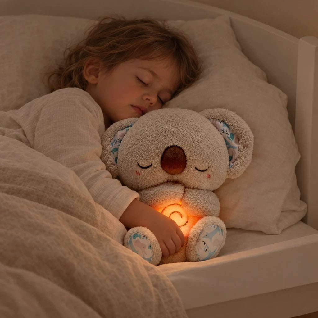 Enfant endormi contre sa peluche koala qui respire, ventre lumineux allumé