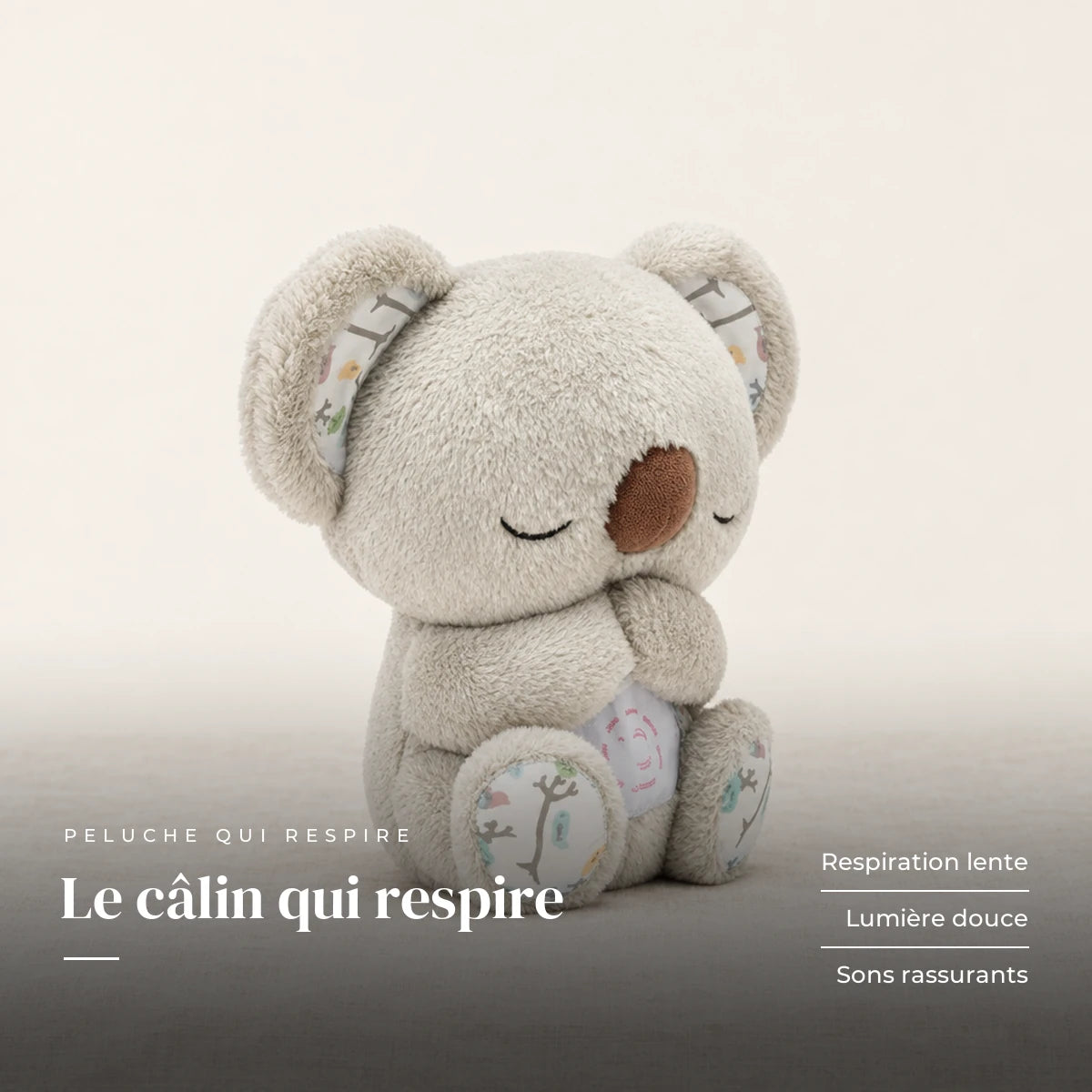 Peluche koala qui respire sur fond crème, en studio. Le câlin qui respire : respiration lente, lumière douce, sons rassurants