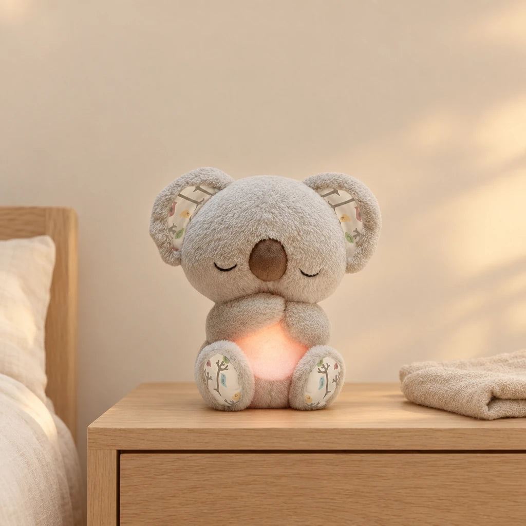 Peluche koala qui respire grise posée sur une table de chevet en bois clair
