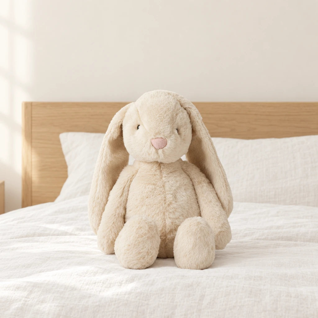 Lapin en peluche moelleux pour bébé beige posé sur un lit en lin blanc