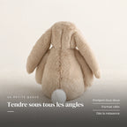 Lapin en peluche avec motif fleuri vue de dos sur fond crème. Tendre sous tous les angles : pompon tout doux, format câlin, dès la naissance