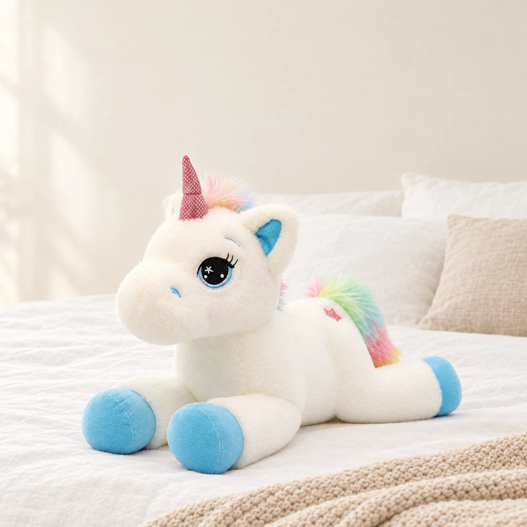 Peluche licorne arc-en-ciel allongée bleue posée sur un lit en lin blanc