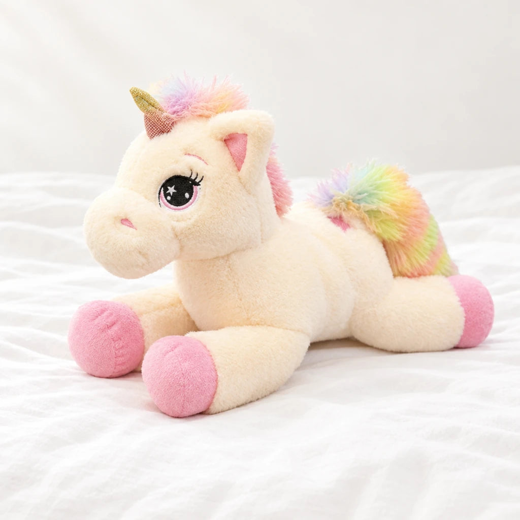 Peluche licorne arc-en-ciel allongée rose posée sur un lit blanc, en pleine lumière
