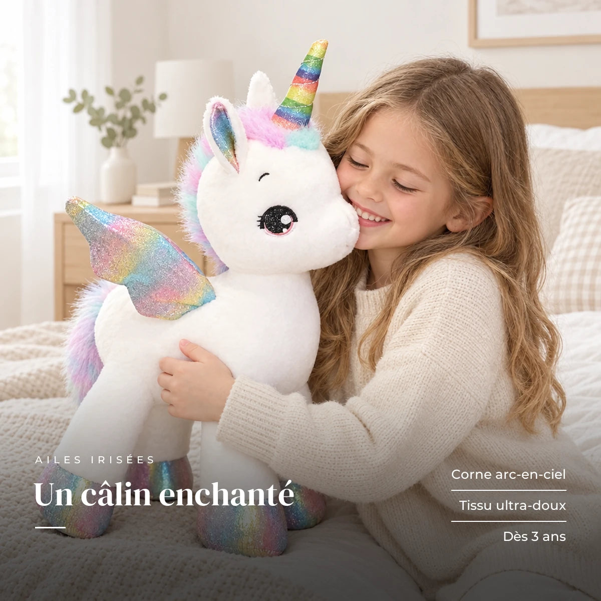Peluche licorne féerique avec corne et ailes colorées avec un enfant dans une chambre lumineuse. Un câlin enchanté : corne arc-en-ciel, tissu ultra-doux, dès 3 ans