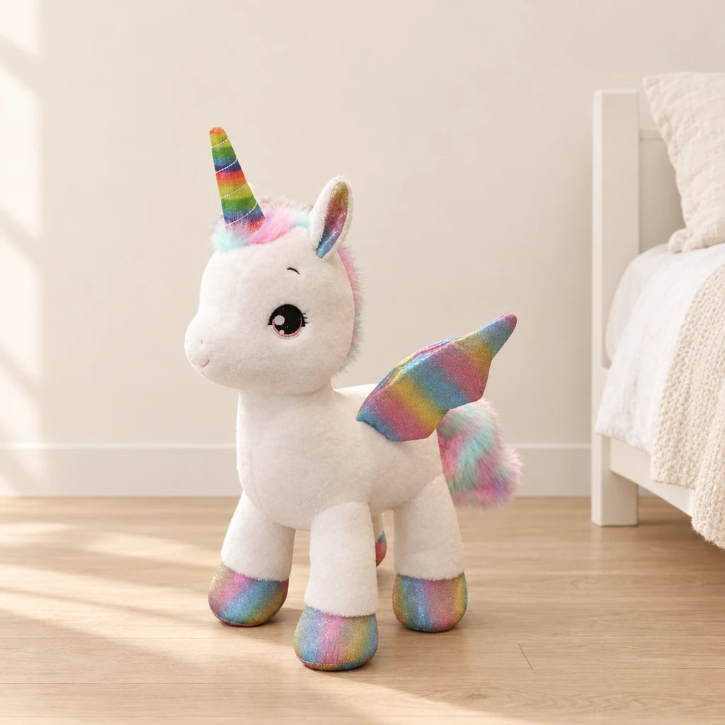 Peluche licorne féerique avec corne et ailes colorées blanche posée sur un lit en lin blanc