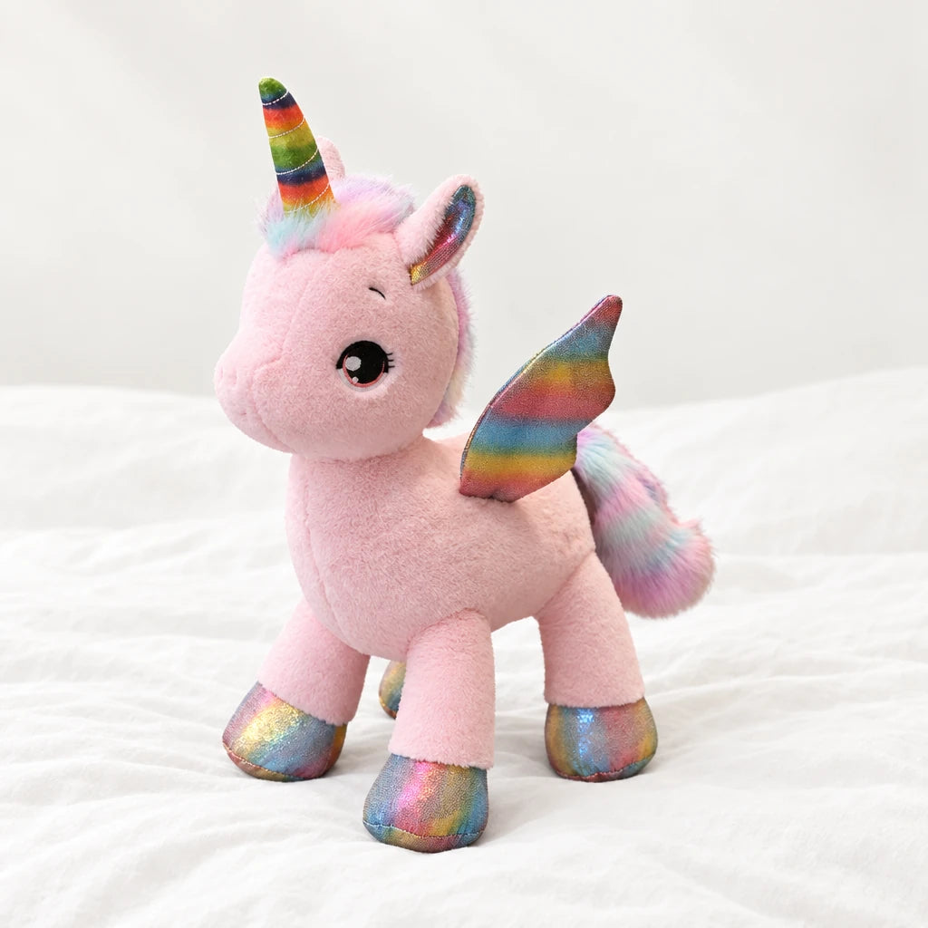 Peluche licorne féerique avec corne et ailes colorées rose posée sur un lit blanc, en pleine lumière