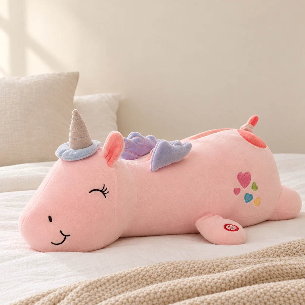 Peluche licorne rose veilleuse lumineuse et magique posée sur un lit en lin blanc