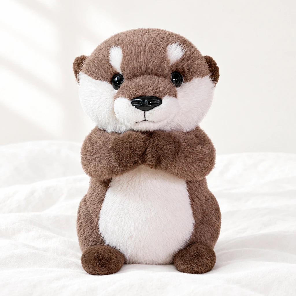 Loutre en peluche attendrissante posée sur un lit blanc, en pleine lumière
