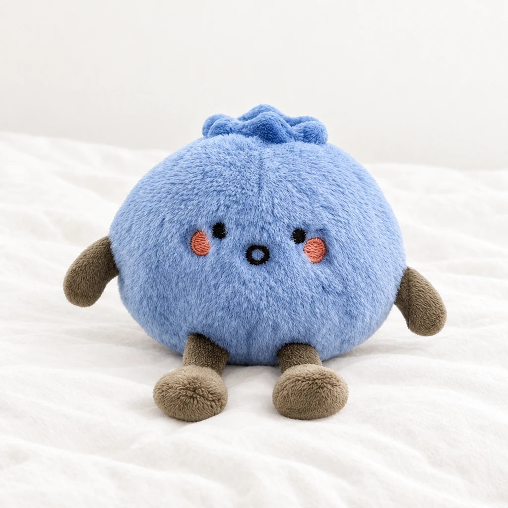 Peluche fruit kawaii myrtille attendrissante posée sur un lit blanc, en pleine lumière