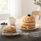 Peluche petit dej’ pancakes kawaii dans une assiette sur une table en bois. De bonne humeur au réveil : sirop et myrtilles, visage brodé, tous âges