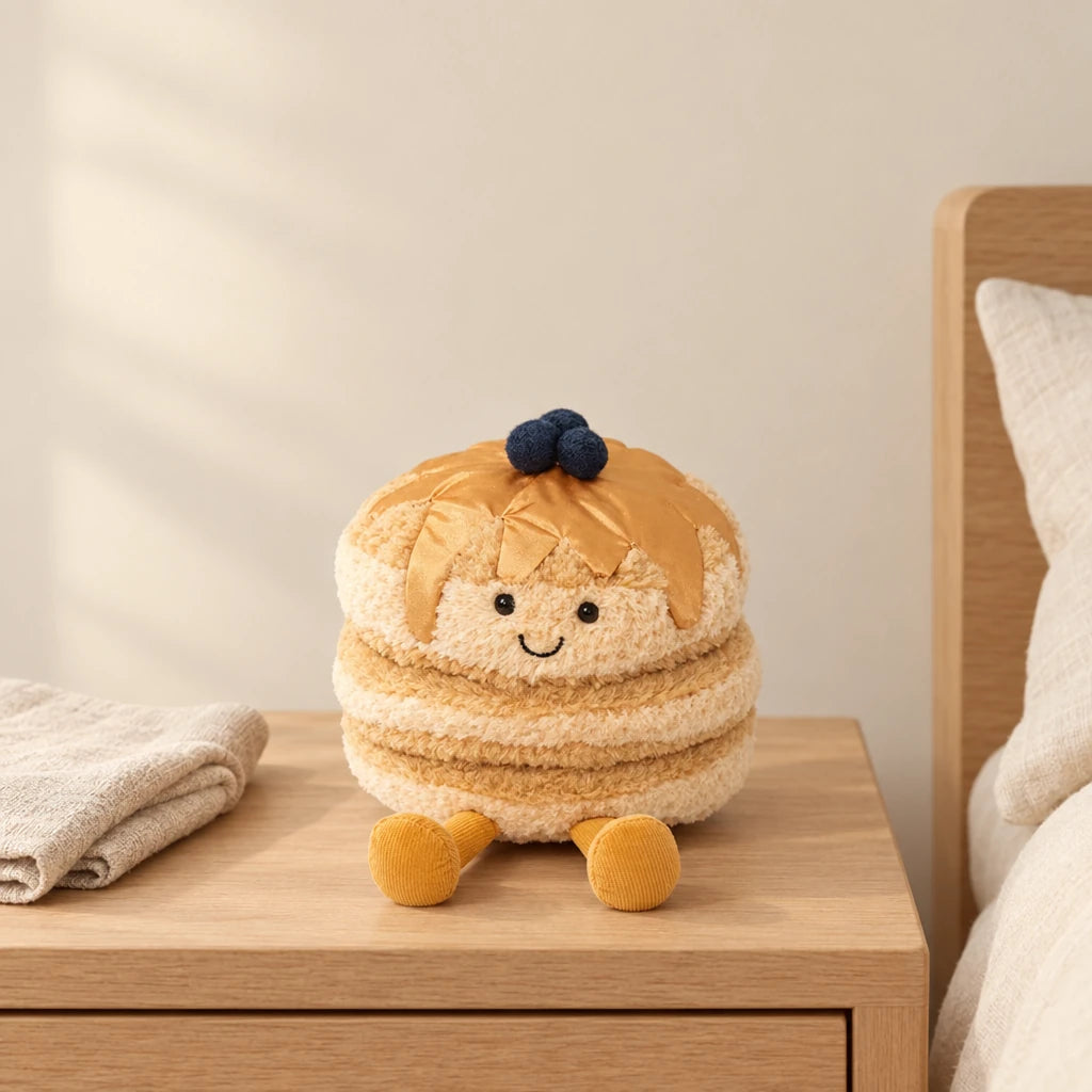 Peluche petit dej’ pancakes kawaii posée sur une table de chevet en bois clair