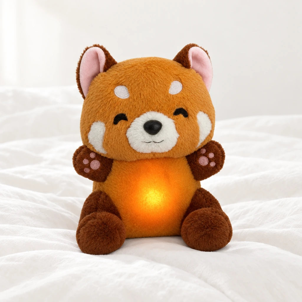 Peluche panda roux qui respire posée sur un lit blanc, en pleine lumière