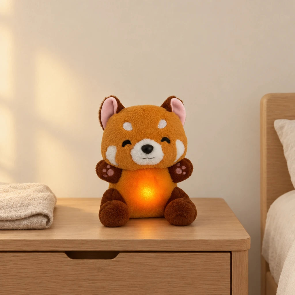 Peluche panda roux qui respire posée sur une table de chevet en bois clair