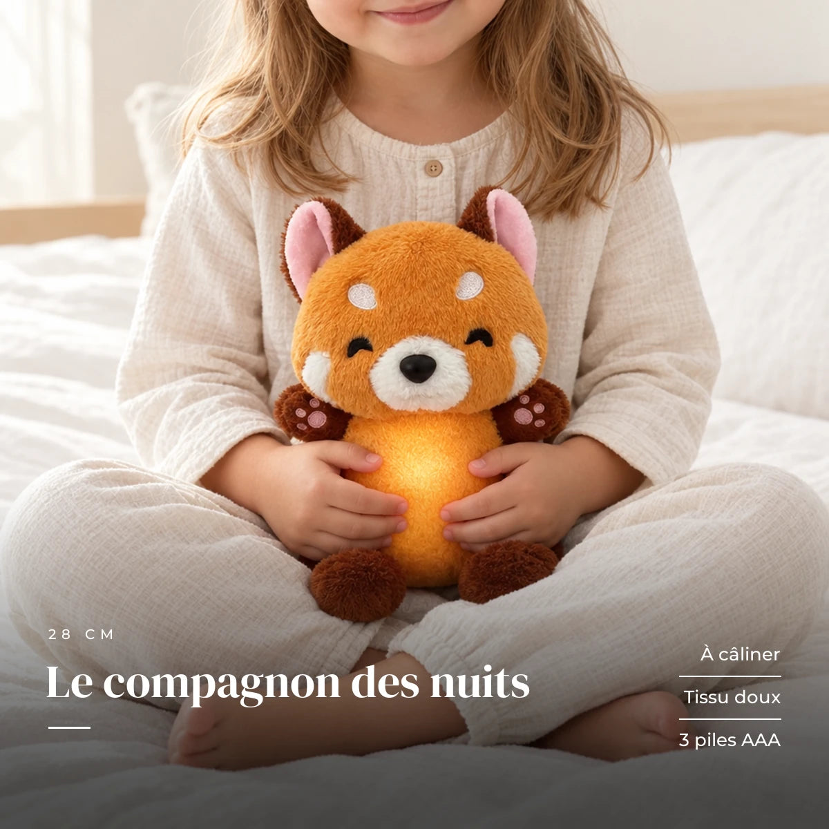 Peluche panda roux qui respire tenue par un enfant pour montrer sa taille réelle. Le compagnon des nuits : à câliner, tissu doux, 3 piles AAA