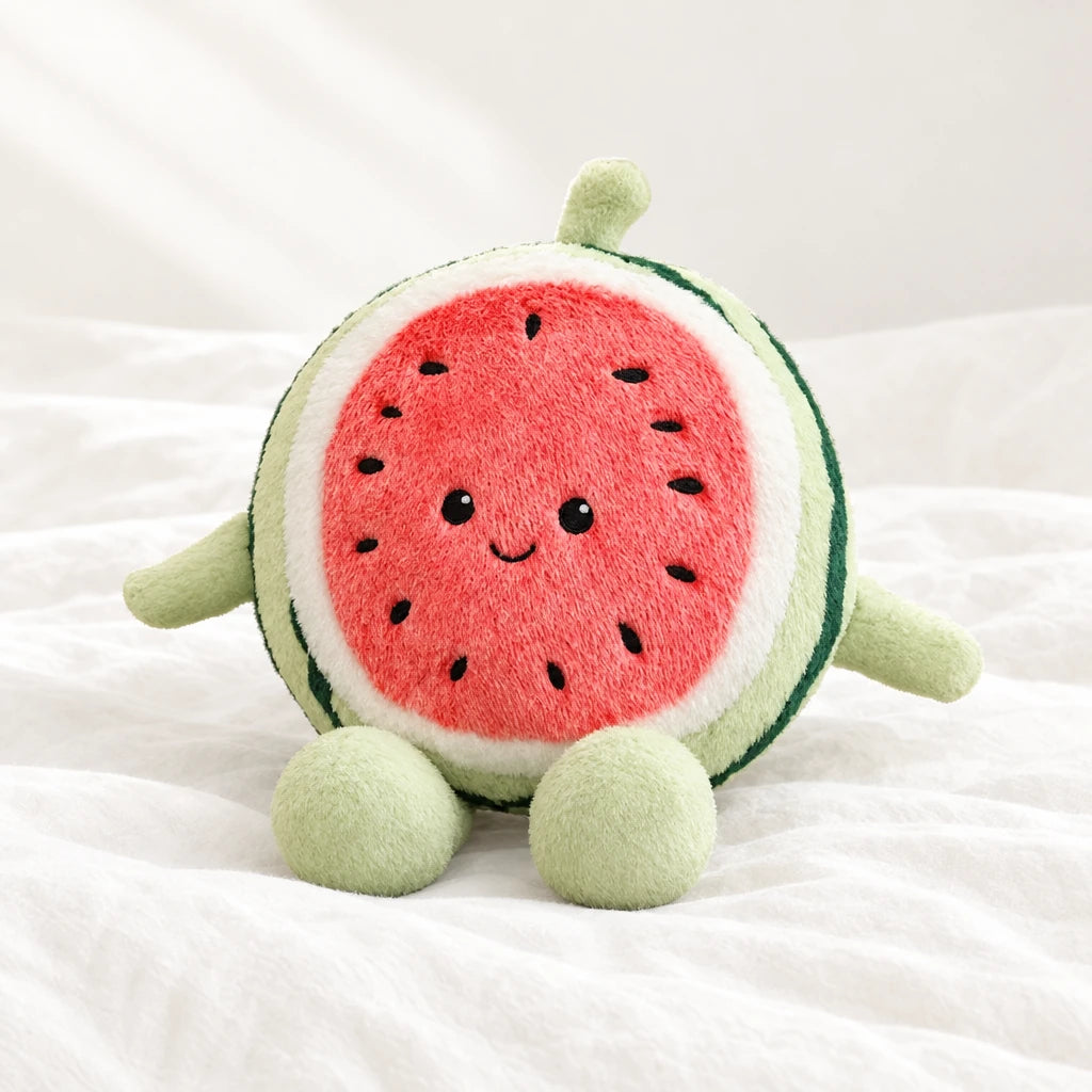 Peluche fruit kawaii pastèque gourmande posée sur un lit blanc, en pleine lumière