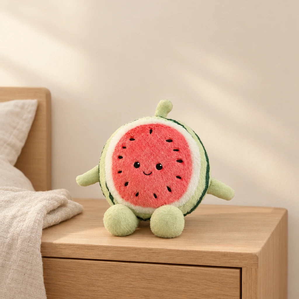 Peluche fruit kawaii pastèque gourmande posée sur une table de chevet en bois clair