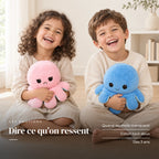 Peluche pieuvre réversible avec un enfant dans une chambre lumineuse. Dire ce qu’on ressent : quand les mots manquent, coton tout doux, dès 3 ans