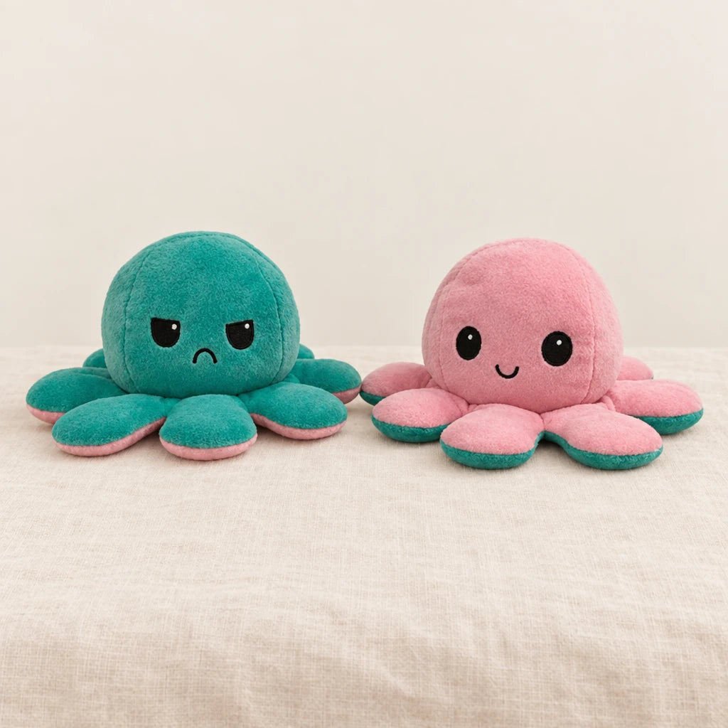 Peluche pieuvre réversible verte sur fond crème, en studio
