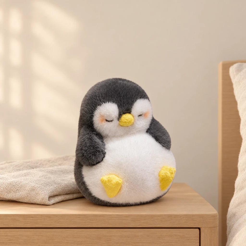 Peluche pingouin moelleux endormi noire posée sur une table de chevet en bois clair