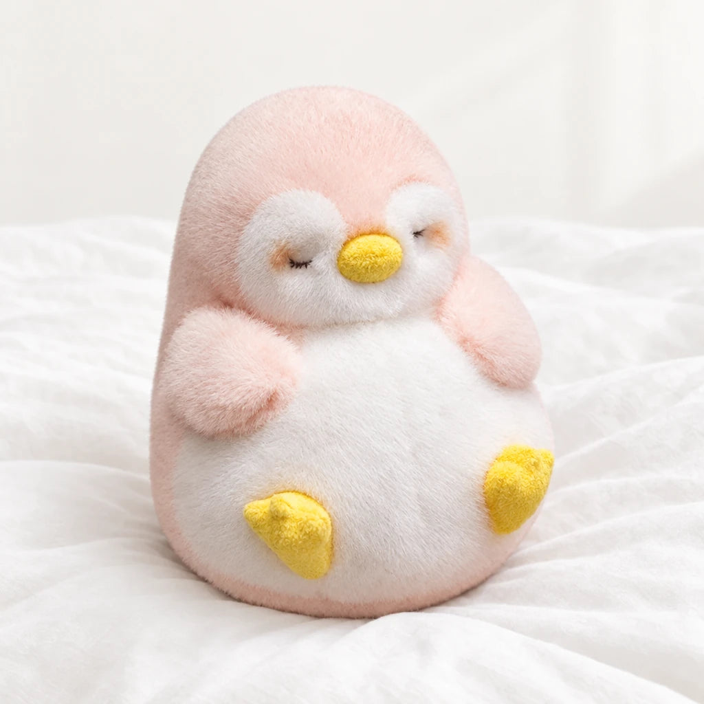 Peluche pingouin moelleux endormi rose posée sur un lit blanc, en pleine lumière