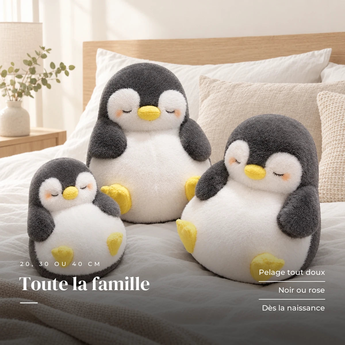 Peluche pingouin moelleux endormi posée sur un lit en lin blanc. Toute la famille : pelage tout doux, noir ou rose, dès la naissance
